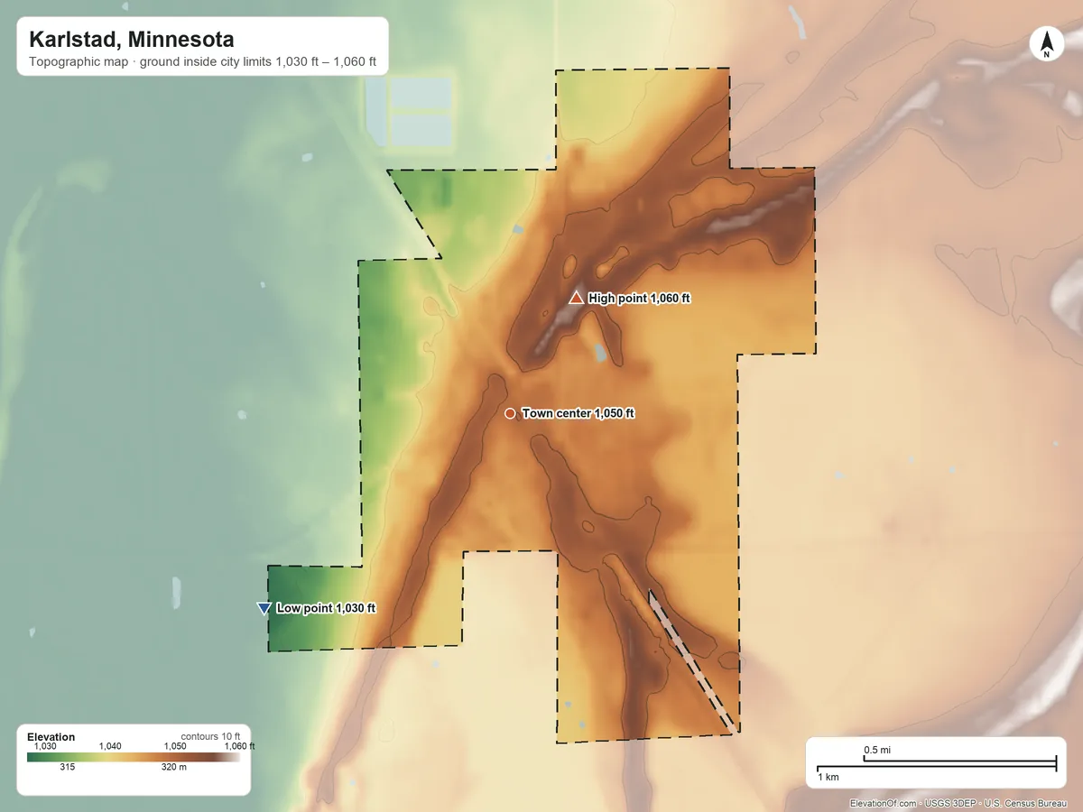 Topographic elevation map of Karlstad, Minnesota, shaded from 1,030 ft on the southwest side to 1,060 ft on the northeast side