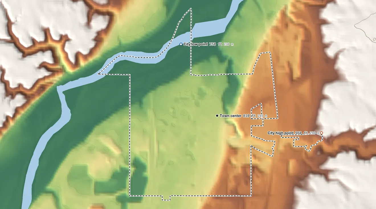 Topographic elevation map of Kasota, Minnesota, shaded from 750 ft on the northwest side to 960 ft on the east side