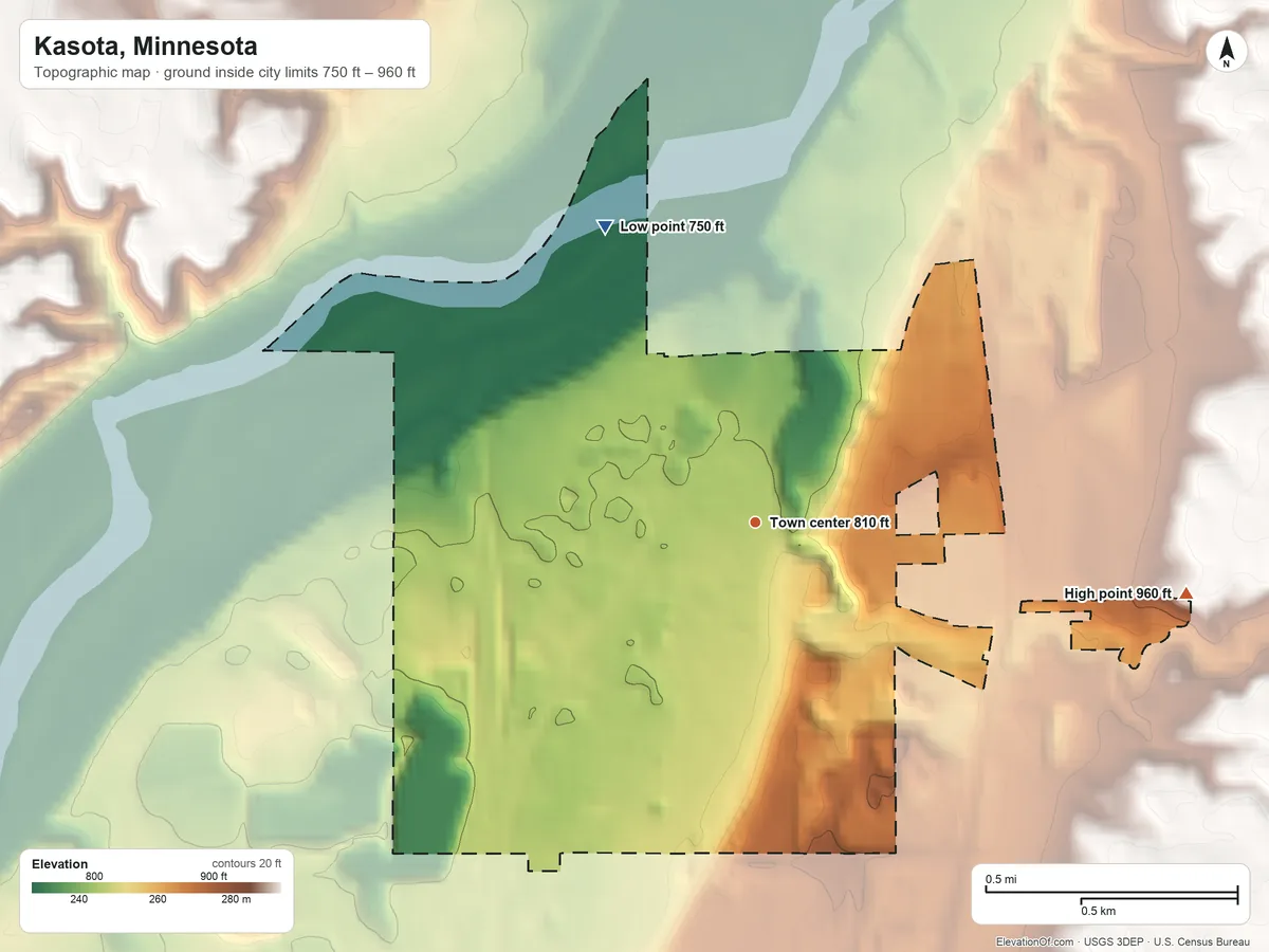 Topographic elevation map of Kasota, Minnesota, shaded from 750 ft on the northwest side to 960 ft on the east side