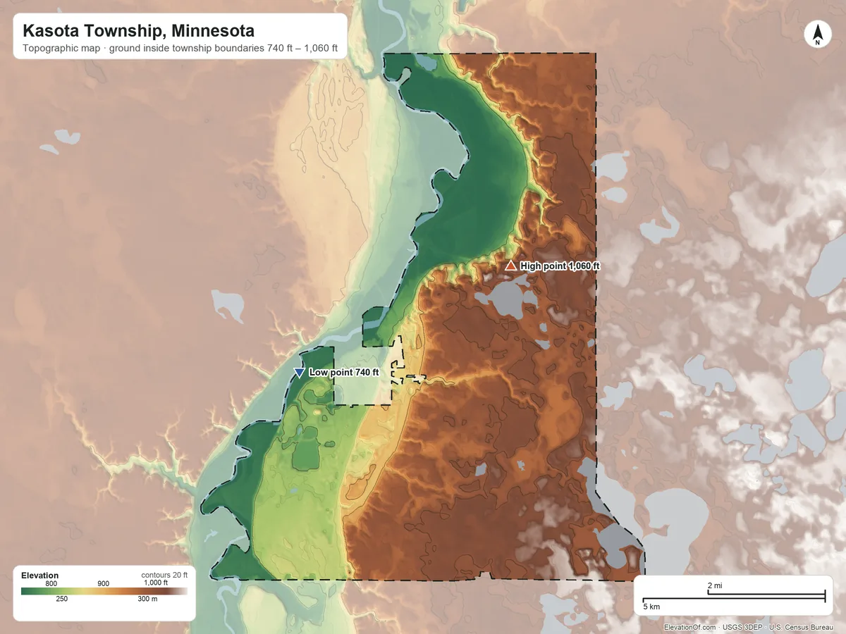 Topographic elevation map of Kasota Township, Minnesota, shaded from 740 ft on the west side to 1,060 ft on the north side