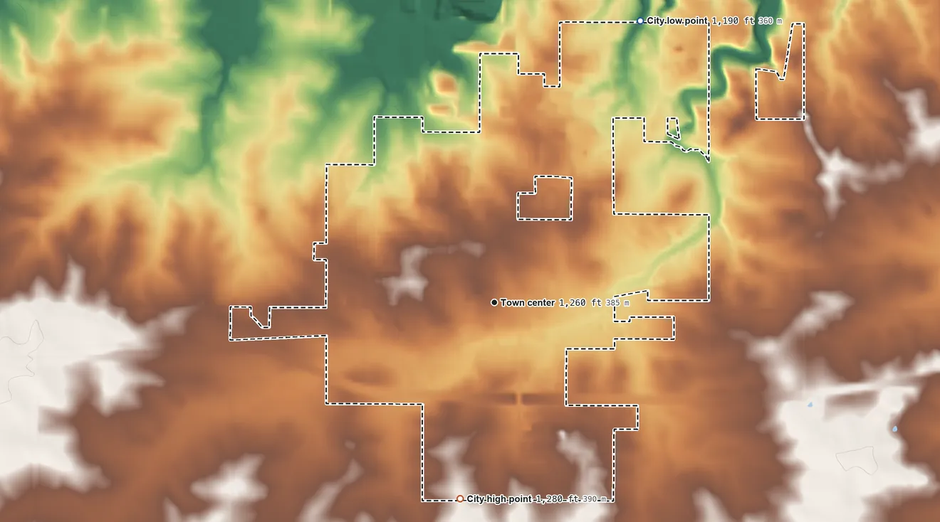 Topographic elevation map of Kasson, Minnesota, shaded from 1,190 ft on the northeast side to 1,280 ft on the south side