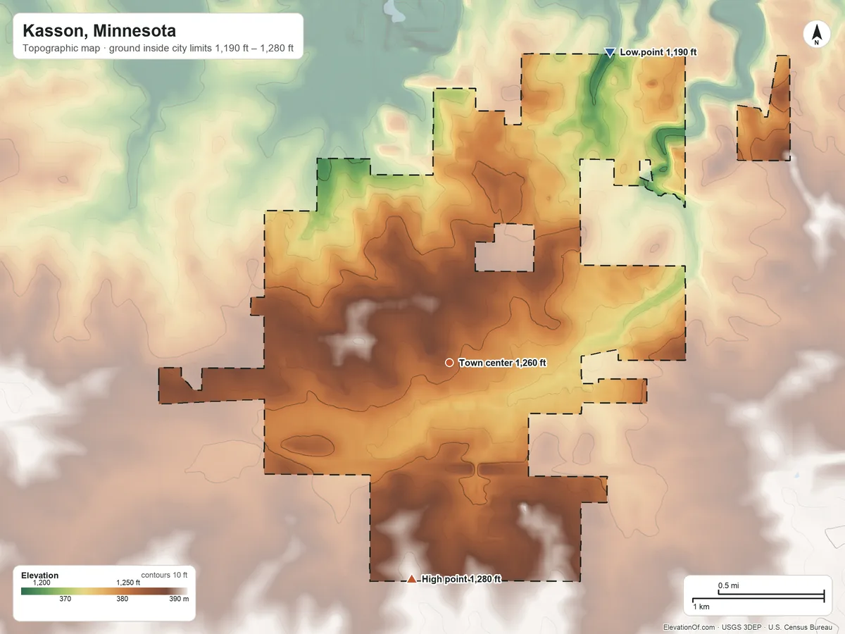 Topographic elevation map of Kasson, Minnesota, shaded from 1,190 ft on the northeast side to 1,280 ft on the south side
