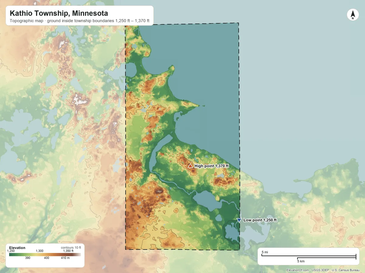 Topographic elevation map of Kathio Township, Minnesota, shaded from 1,250 ft on the southeast side to 1,370 ft on the southeast side