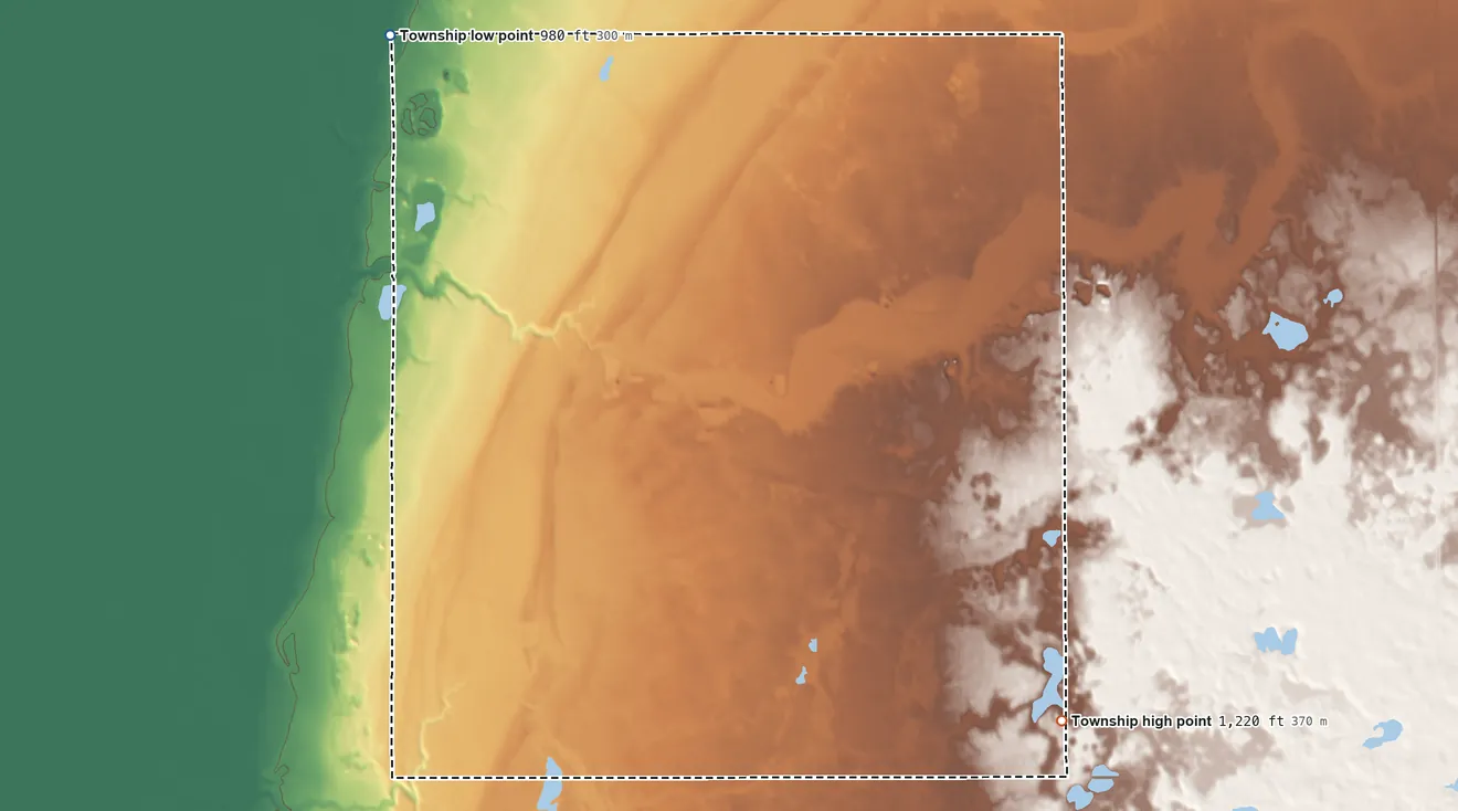 Topographic elevation map of Keene Township, Minnesota, shaded from 980 ft on the northwest side to 1,220 ft on the southeast side
