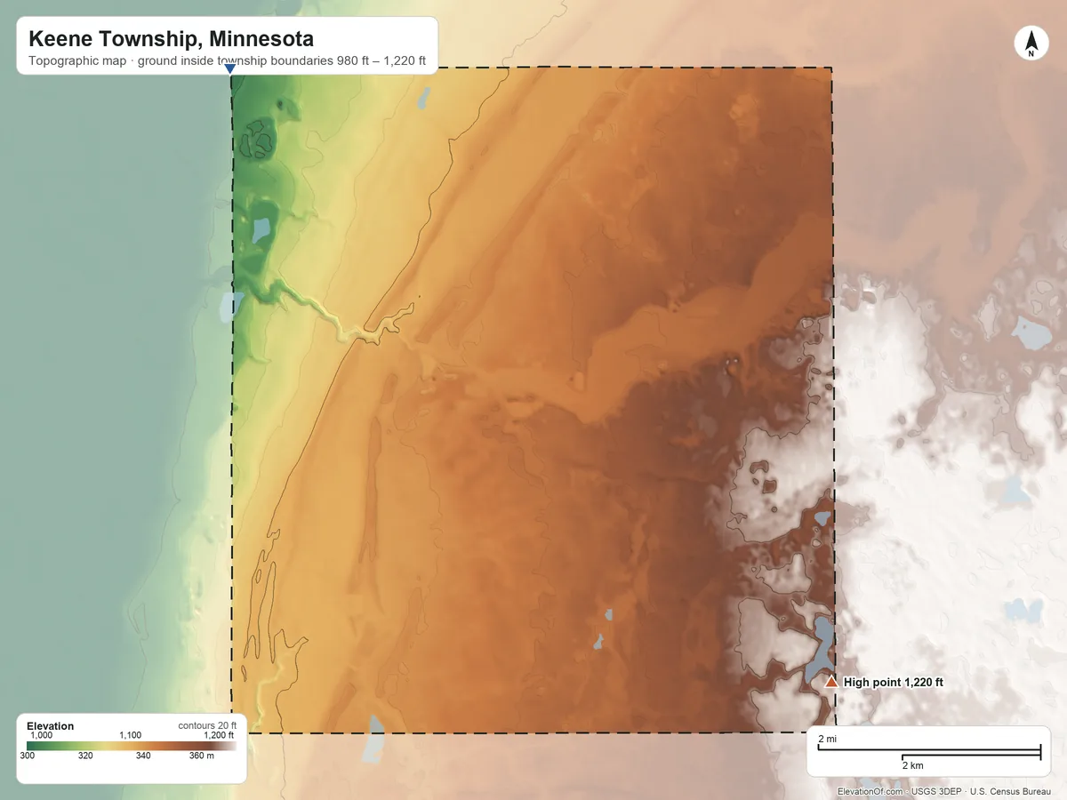 Topographic elevation map of Keene Township, Minnesota, shaded from 980 ft on the northwest side to 1,220 ft on the southeast side