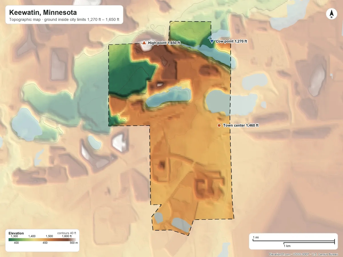 Topographic elevation map of Keewatin, Minnesota, shaded from 1,270 ft on the north side to 1,650 ft on the northwest side