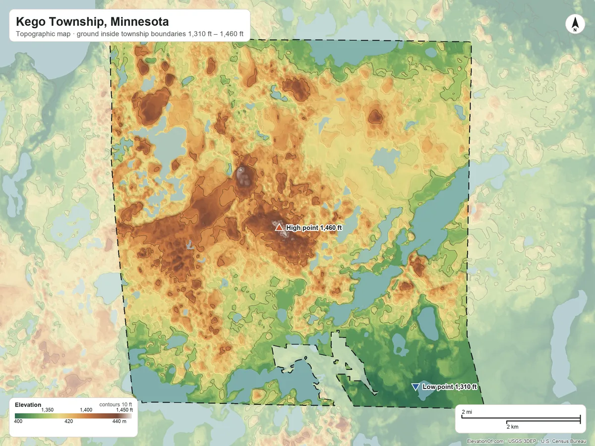 Topographic elevation map of Kego Township, Minnesota, shaded from 1,310 ft on the south side to 1,460 ft on the southwest side