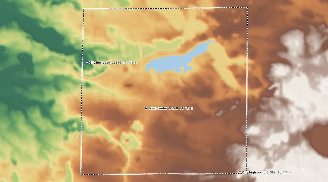 Topographic elevation map of Kelliher, Minnesota, shaded from 1,320 ft on the northwest side to 1,380 ft on the southeast side