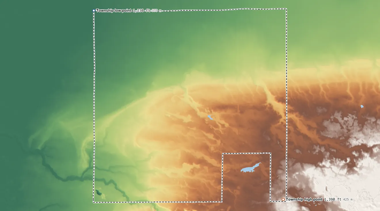 Topographic elevation map of Kelliher Township, Minnesota, shaded from 1,230 ft on the northwest side to 1,390 ft on the southeast side