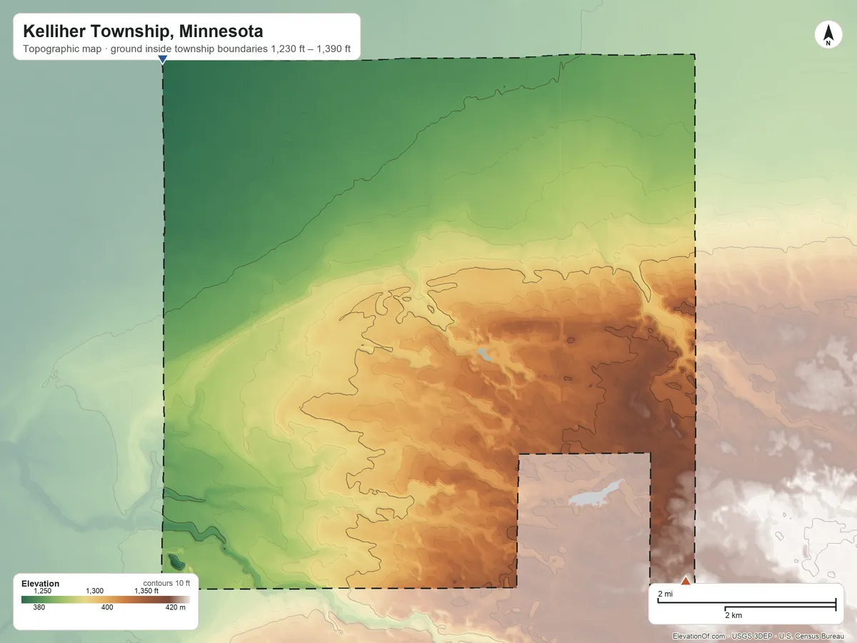 Topographic elevation map of Kelliher Township, Minnesota, shaded from 1,230 ft on the northwest side to 1,390 ft on the southeast side