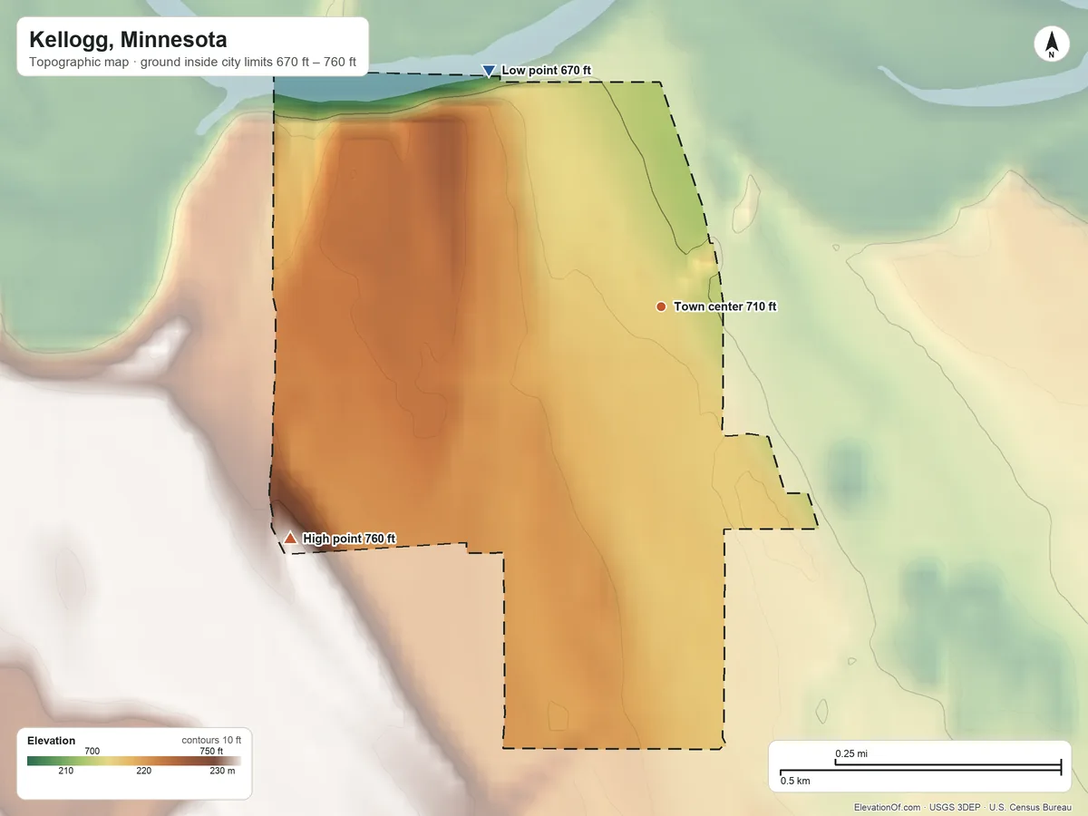 Topographic elevation map of Kellogg, Minnesota, shaded from 670 ft on the northwest side to 760 ft on the southwest edge, below higher ground just outside