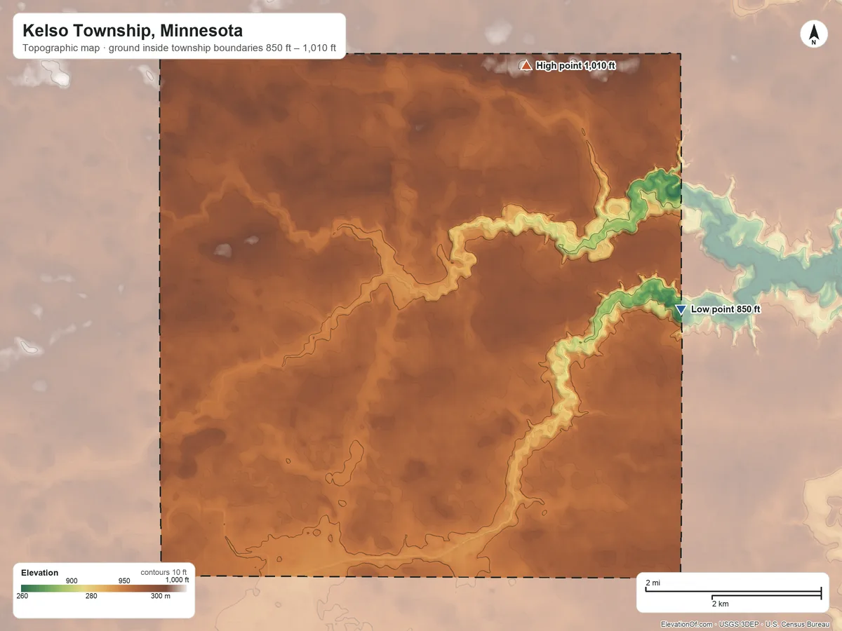 Topographic elevation map of Kelso Township, Minnesota, shaded from 850 ft on the east side to 1,010 ft on the north side