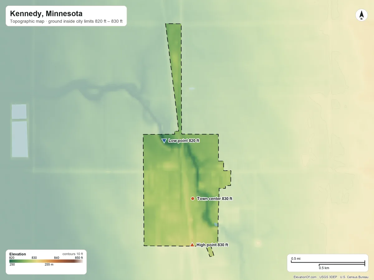 Topographic elevation map of Kennedy, Minnesota, shaded from 820 ft on the northwest side to 830 ft on the south side
