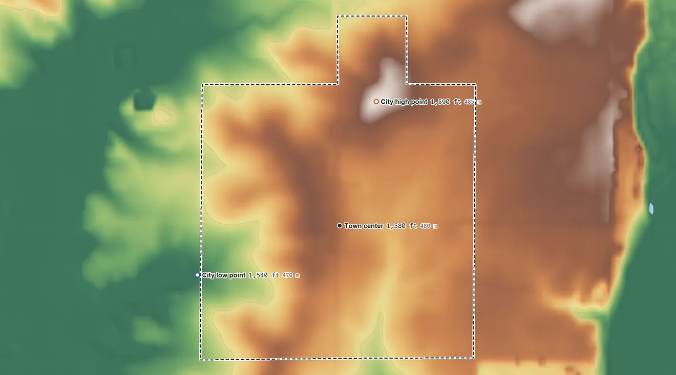 Topographic elevation map of Kenneth, Minnesota, shaded from 1,540 ft on the west side to 1,590 ft on the north side
