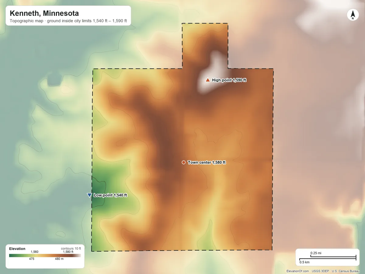Topographic elevation map of Kenneth, Minnesota, shaded from 1,540 ft on the west side to 1,590 ft on the north side