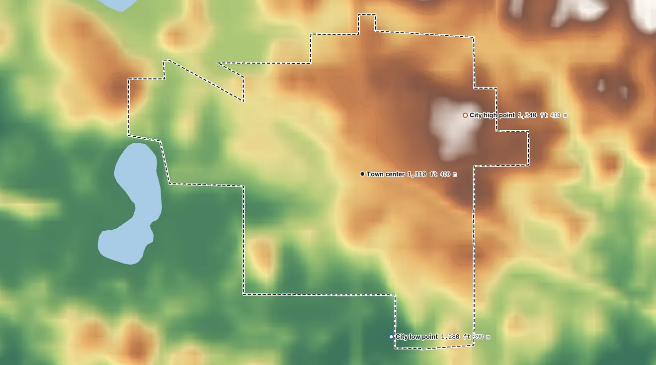 Topographic elevation map of Kensington, Minnesota, shaded from 1,280 ft on the south side to 1,340 ft on the northeast side