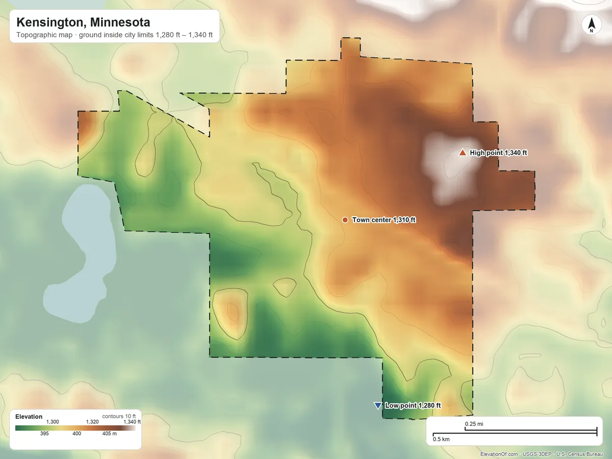 Topographic elevation map of Kensington, Minnesota, shaded from 1,280 ft on the south side to 1,340 ft on the northeast side