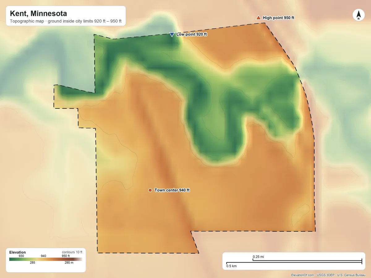 Topographic elevation map of Kent, Minnesota, shaded from 920 ft on the north side to 950 ft on the northeast side