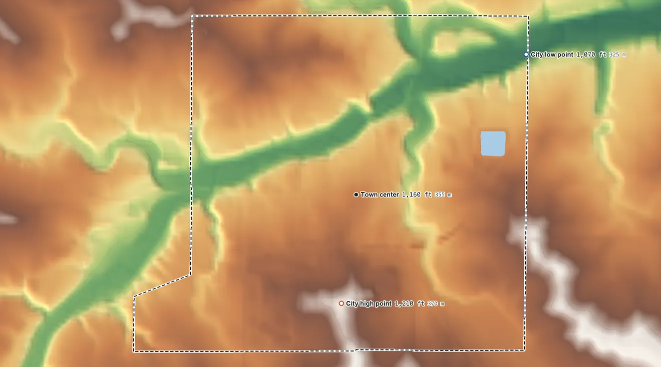Topographic elevation map of Kenyon, Minnesota, shaded from 1,070 ft on the northeast side to 1,210 ft on the south side