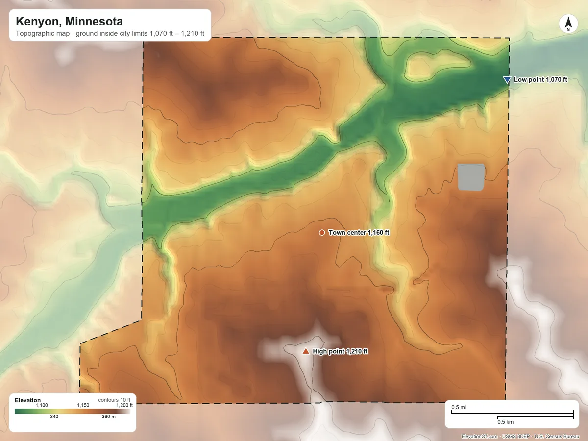 Topographic elevation map of Kenyon, Minnesota, shaded from 1,070 ft on the northeast side to 1,210 ft on the south side