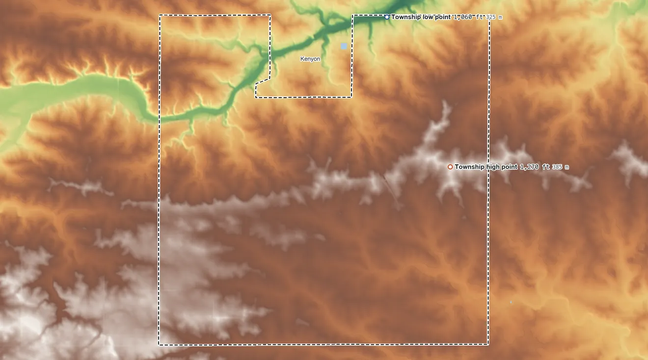 Topographic elevation map of Kenyon Township, Minnesota, shaded from 1,060 ft on the north side to 1,270 ft on the east side
