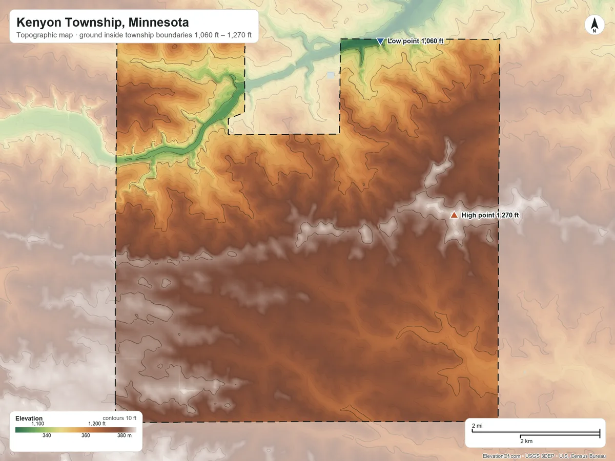 Topographic elevation map of Kenyon Township, Minnesota, shaded from 1,060 ft on the north side to 1,270 ft on the east side