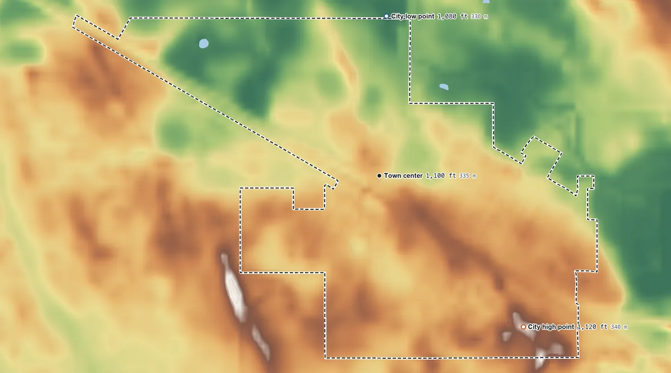 Topographic elevation map of Kerkhoven, Minnesota, shaded from 1,080 ft on the north side to 1,120 ft on the southeast side