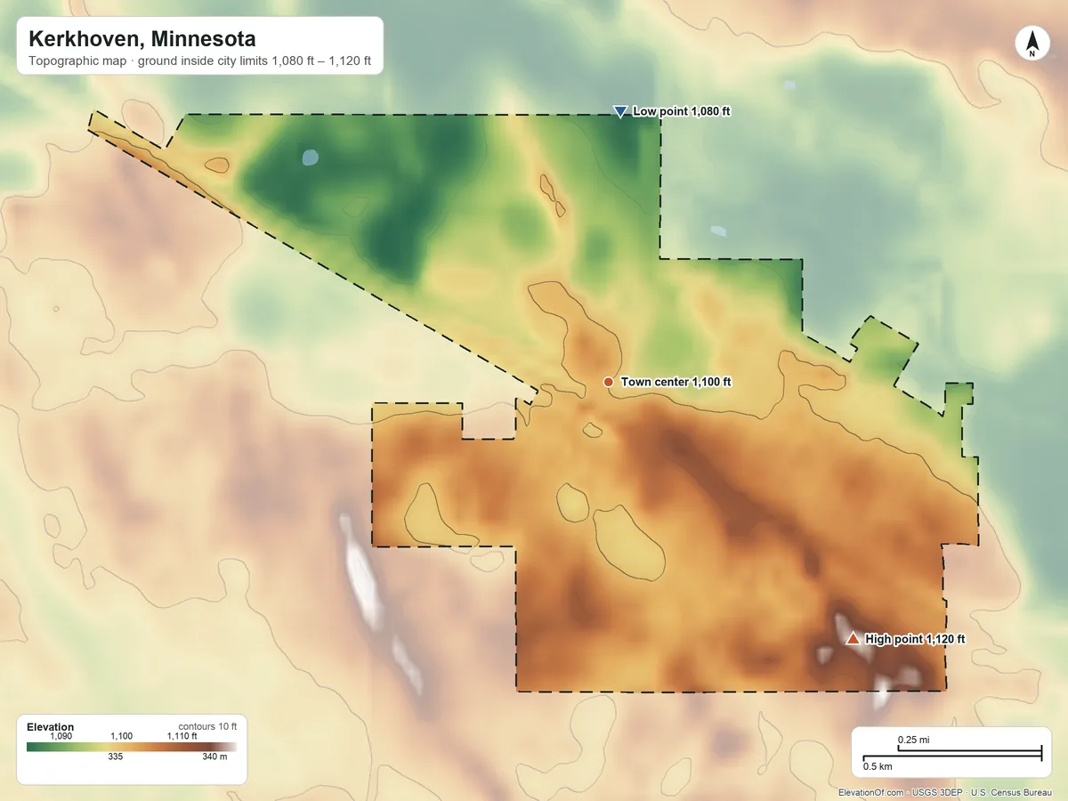 Topographic elevation map of Kerkhoven, Minnesota, shaded from 1,080 ft on the north side to 1,120 ft on the southeast side