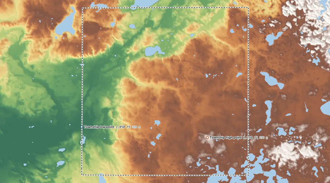 Topographic elevation map of Kerkhoven Township, Minnesota, shaded from 1,050 ft on the west side to 1,290 ft on the southeast side