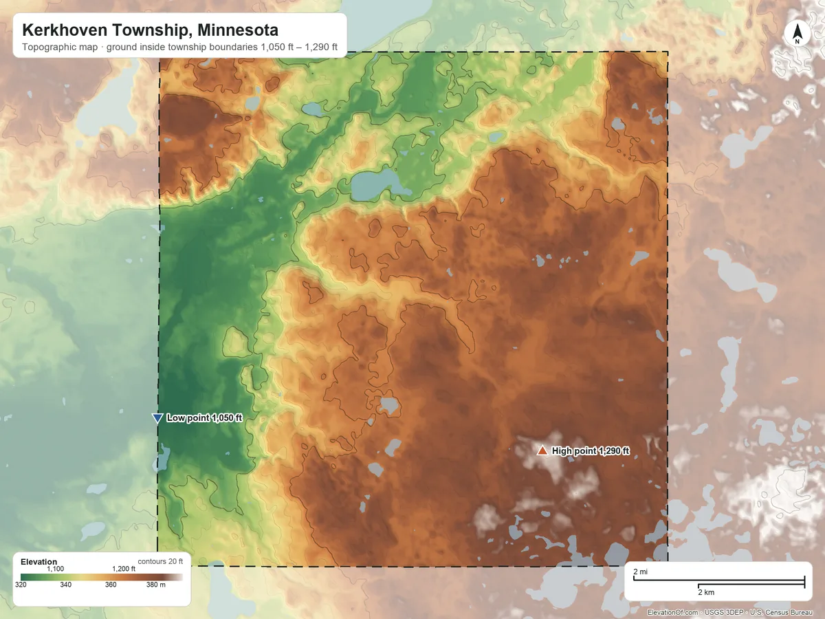 Topographic elevation map of Kerkhoven Township, Minnesota, shaded from 1,050 ft on the west side to 1,290 ft on the southeast side