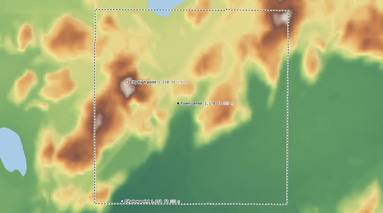 Topographic elevation map of Kerrick, Minnesota, shaded from 1,160 ft on the southwest side to 1,210 ft on the northwest side