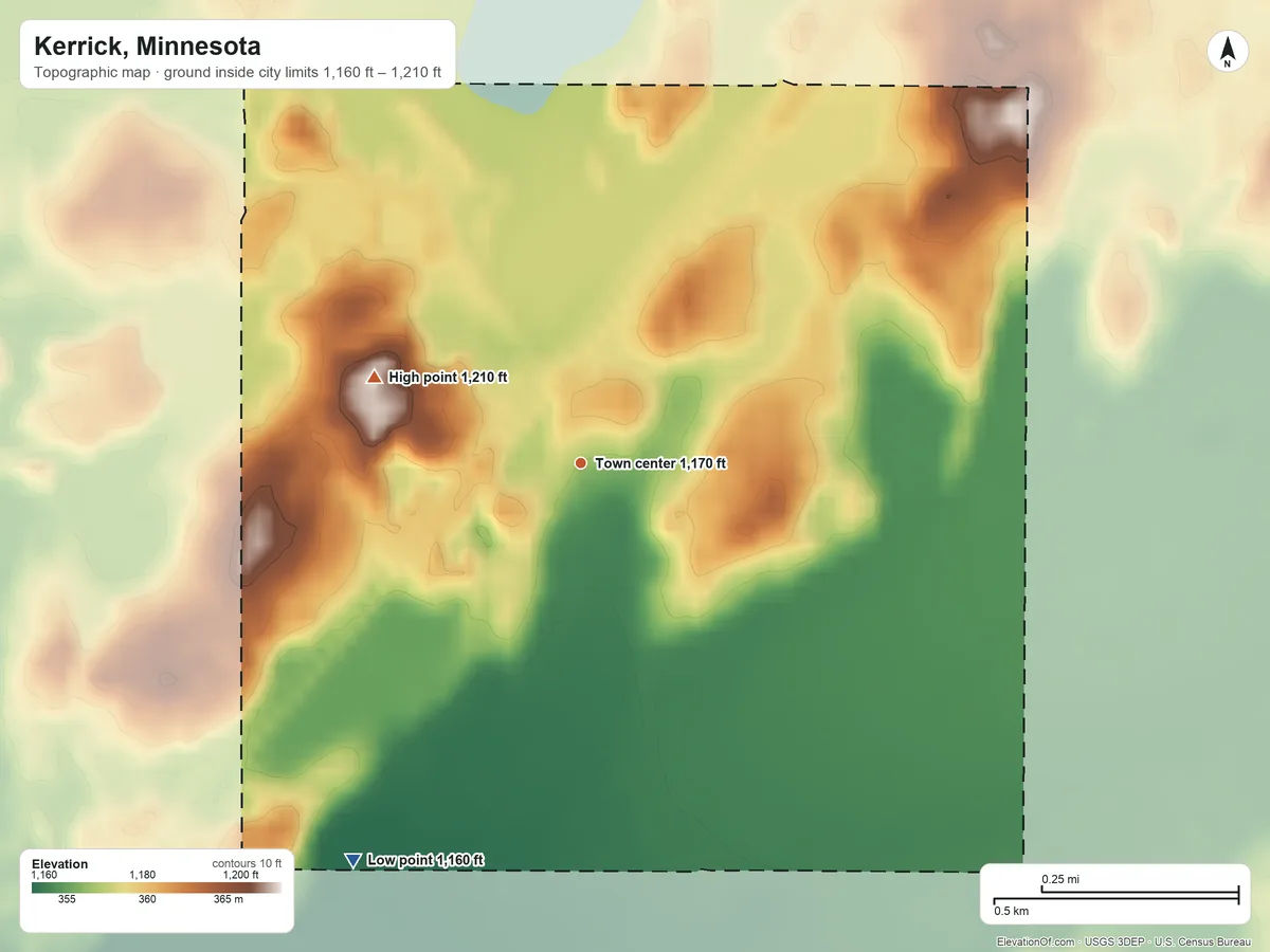 Topographic elevation map of Kerrick, Minnesota, shaded from 1,160 ft on the southwest side to 1,210 ft on the northwest side