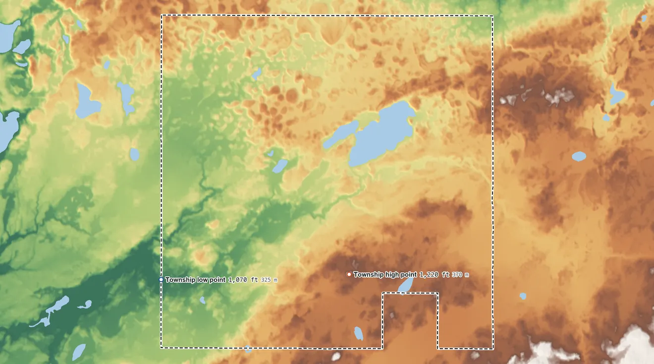 Topographic elevation map of Kerrick Township, Minnesota, shaded from 1,070 ft on the southwest side to 1,220 ft on the south side