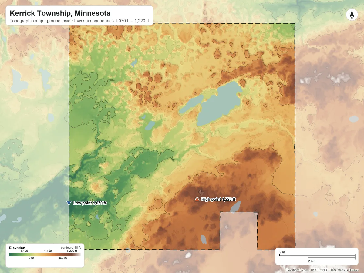 Topographic elevation map of Kerrick Township, Minnesota, shaded from 1,070 ft on the southwest side to 1,220 ft on the south side