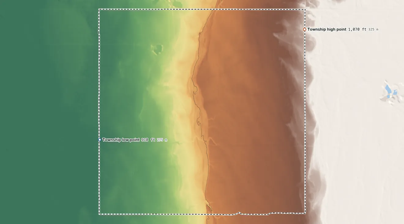 Topographic elevation map of Kertsonville Township, Minnesota, shaded from 910 ft on the southwest side to 1,070 ft on the northeast side