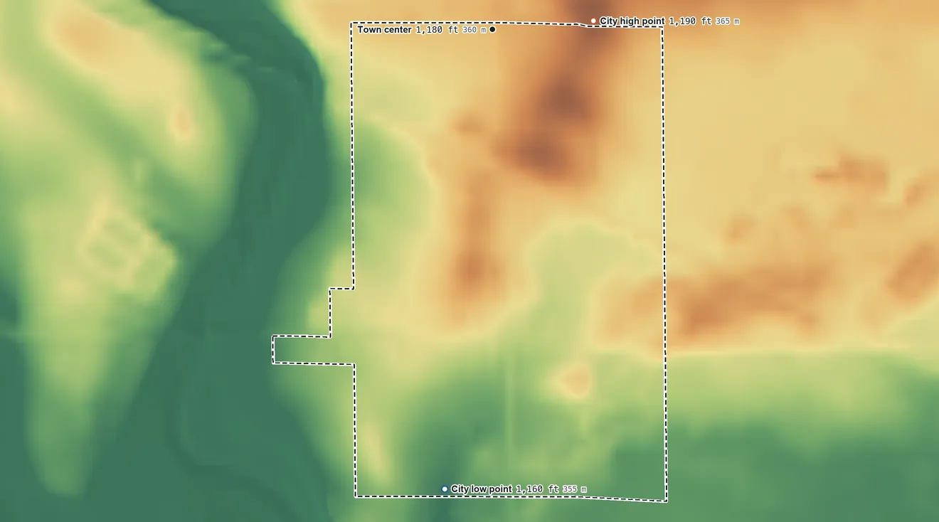 Topographic elevation map of Kettle River, Minnesota, shaded from 1,160 ft on the south side to 1,190 ft on the east side