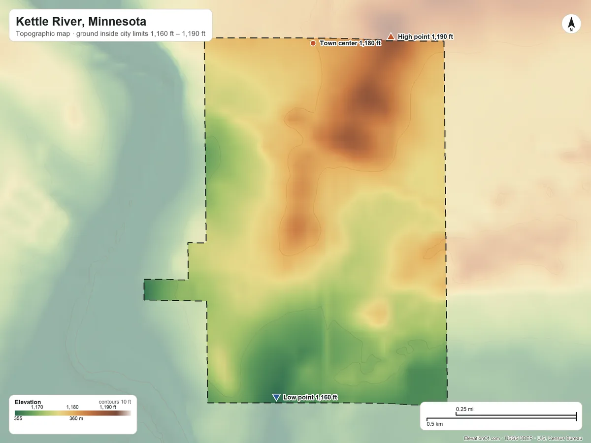 Topographic elevation map of Kettle River, Minnesota, shaded from 1,160 ft on the south side to 1,190 ft on the east side