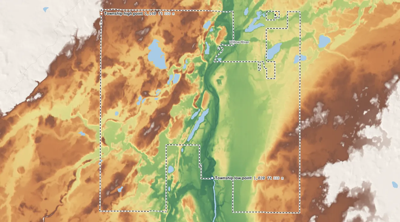 Topographic elevation map of Kettle River Township, Minnesota, shaded from 1,020 ft on the south side to 1,140 ft on the northwest side