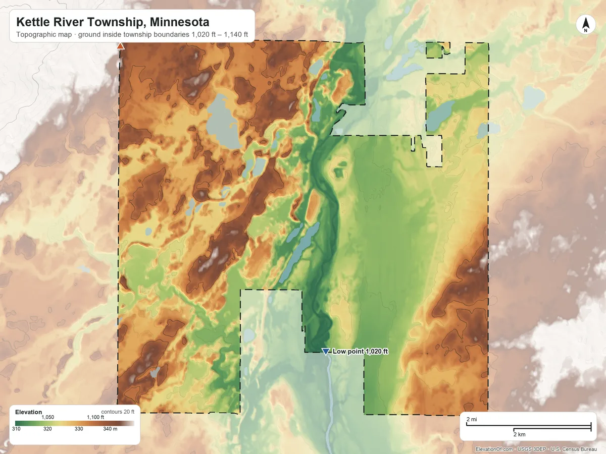 Topographic elevation map of Kettle River Township, Minnesota, shaded from 1,020 ft on the south side to 1,140 ft on the northwest side