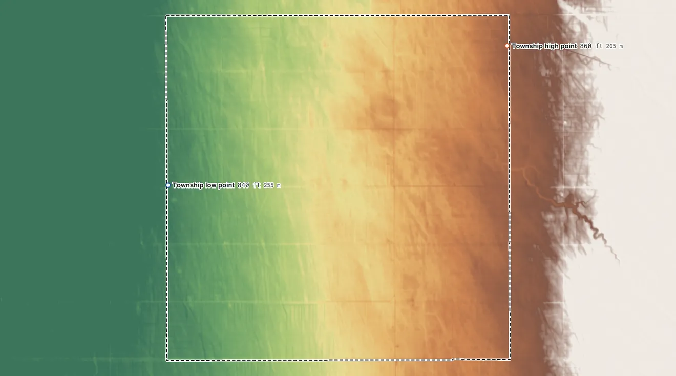 Topographic elevation map of Keystone Township, Minnesota, shaded from 840 ft on the northwest side to 860 ft on the northeast side