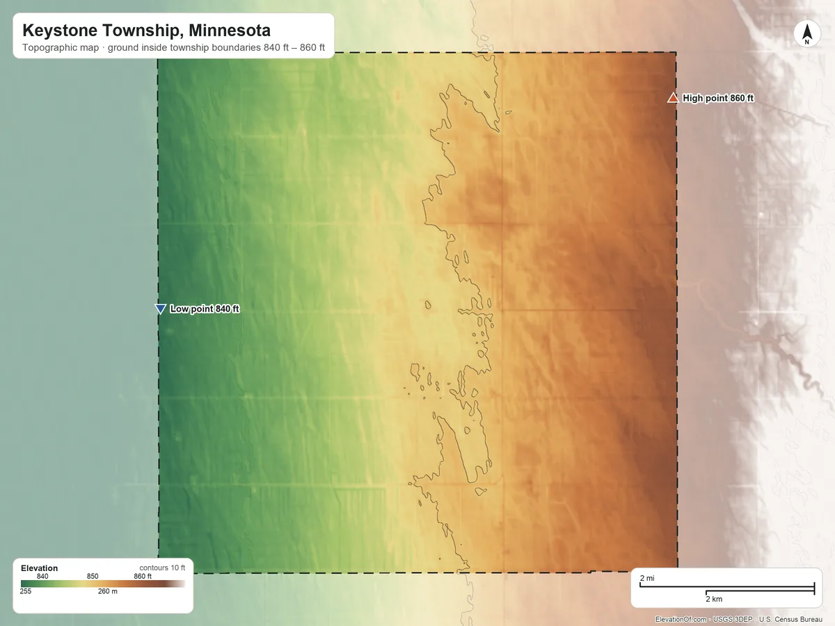 Topographic elevation map of Keystone Township, Minnesota, shaded from 840 ft on the northwest side to 860 ft on the northeast side