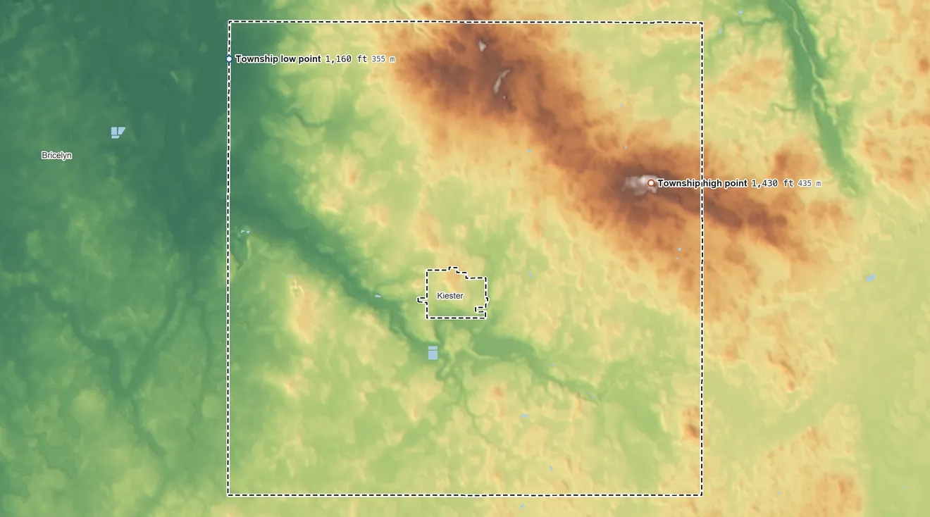 Topographic elevation map of Kiester Township, Minnesota, shaded from 1,160 ft on the northwest side to 1,430 ft on the east side
