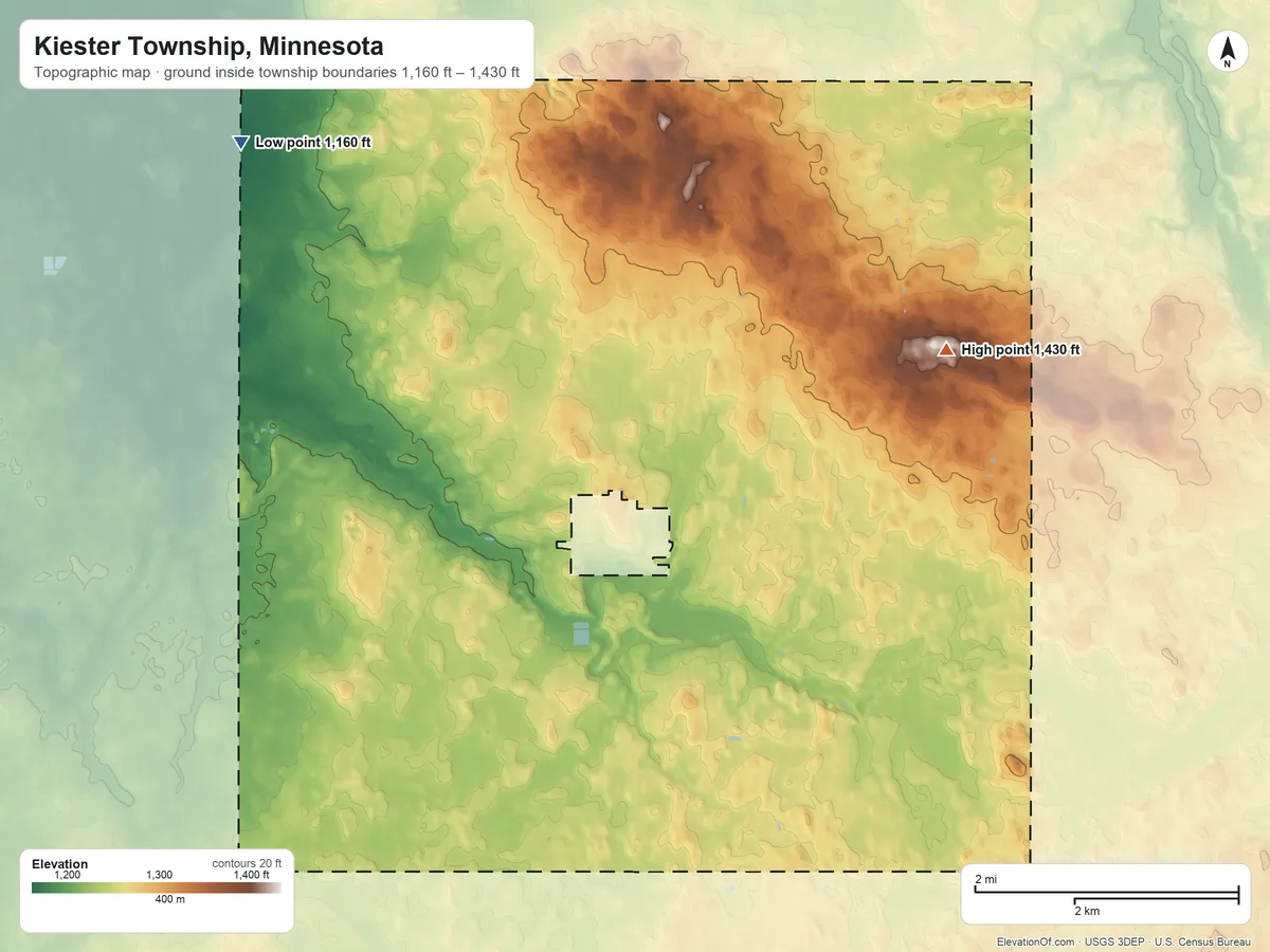 Topographic elevation map of Kiester Township, Minnesota, shaded from 1,160 ft on the northwest side to 1,430 ft on the east side