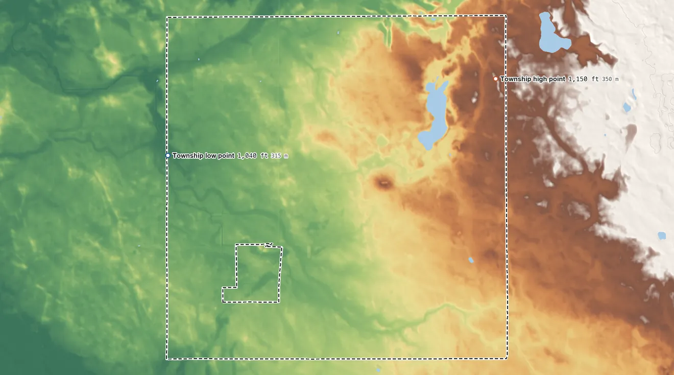 Topographic elevation map of Kildare Township, Minnesota, shaded from 1,040 ft on the northwest side to 1,150 ft on the northeast side