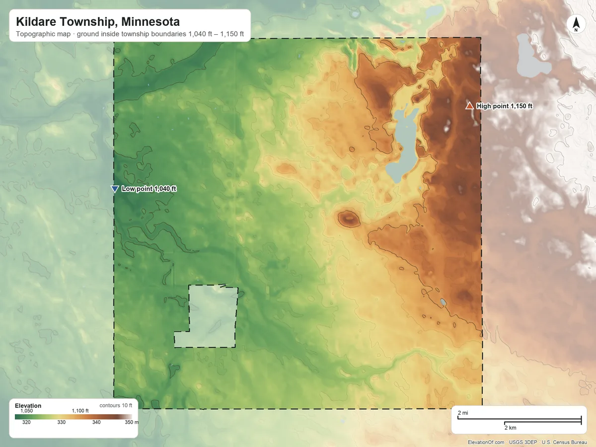 Topographic elevation map of Kildare Township, Minnesota, shaded from 1,040 ft on the northwest side to 1,150 ft on the northeast side