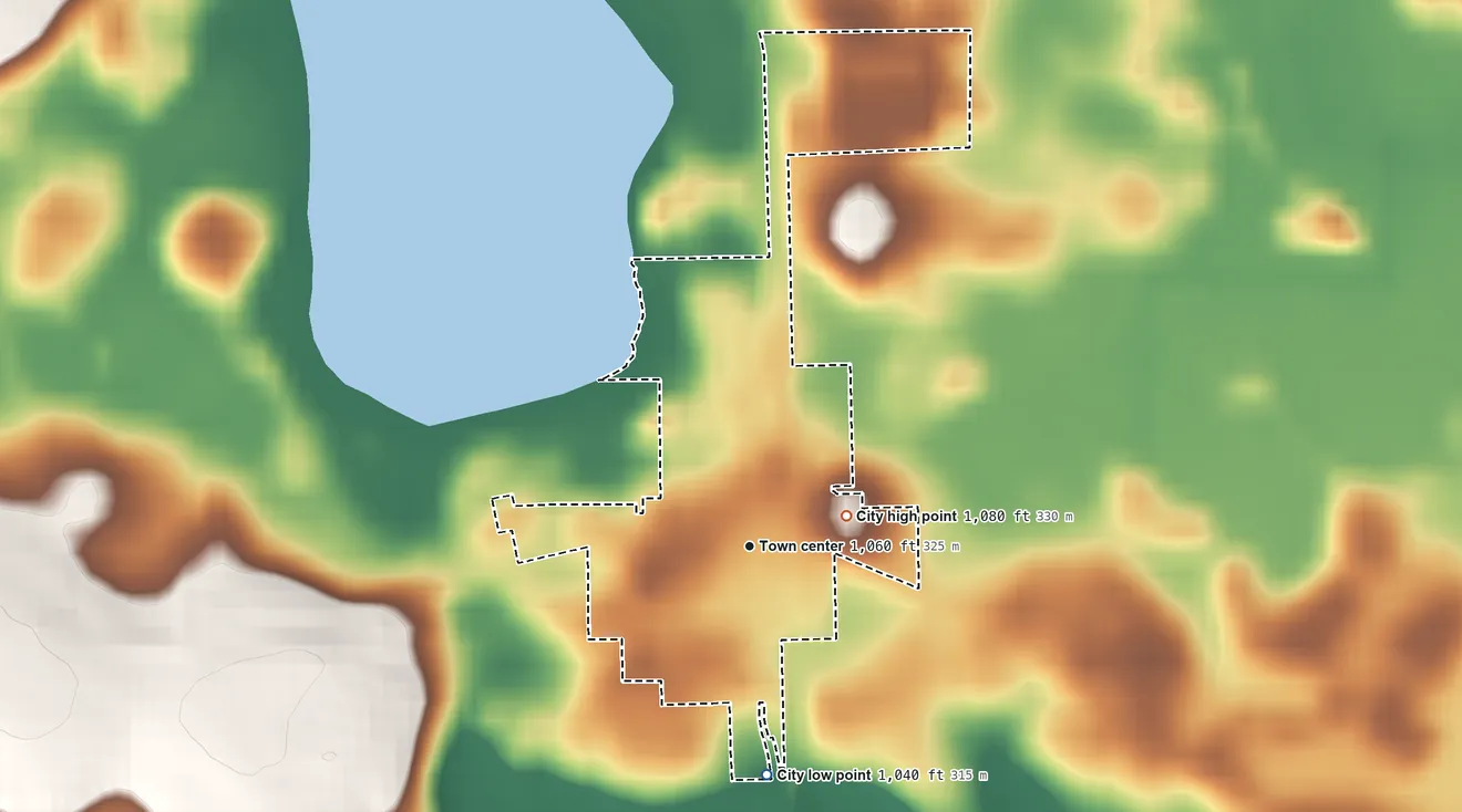Topographic elevation map of Kilkenny, Minnesota, shaded from 1,040 ft on the south side to 1,080 ft on the east side