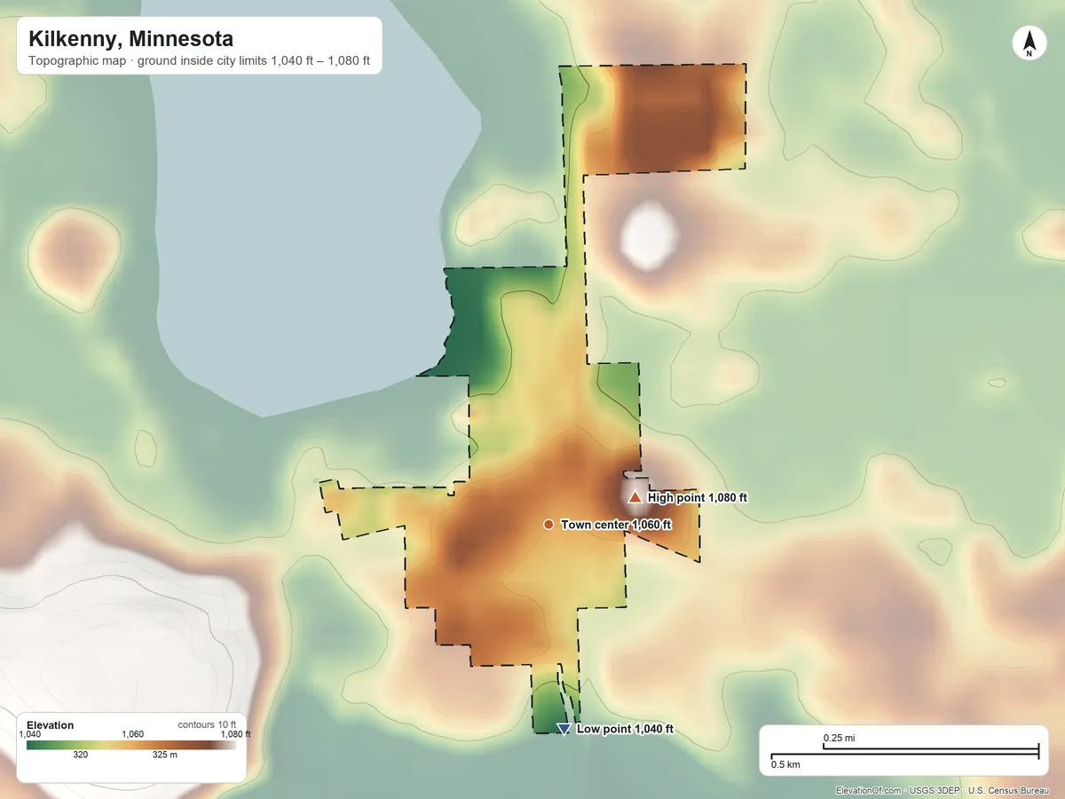 Topographic elevation map of Kilkenny, Minnesota, shaded from 1,040 ft on the south side to 1,080 ft on the east side