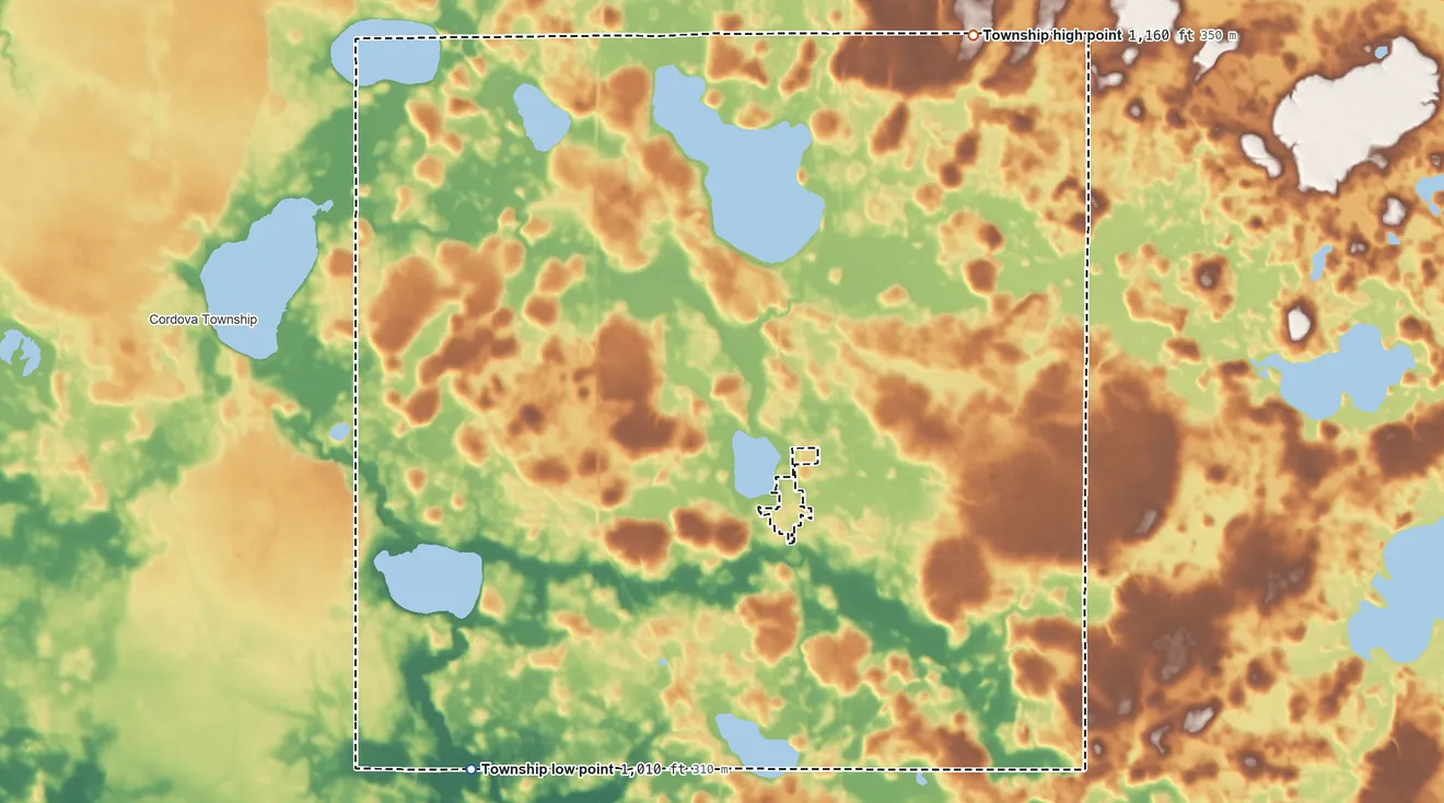 Topographic elevation map of Kilkenny Township, Minnesota, shaded from 1,010 ft on the southwest side to 1,160 ft on the northeast side