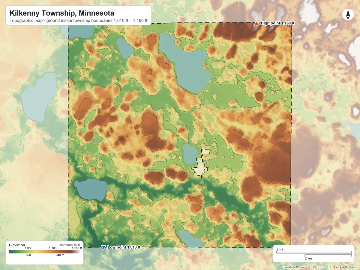 Topographic elevation map of Kilkenny Township, Minnesota, shaded from 1,010 ft on the southwest side to 1,160 ft on the northeast side