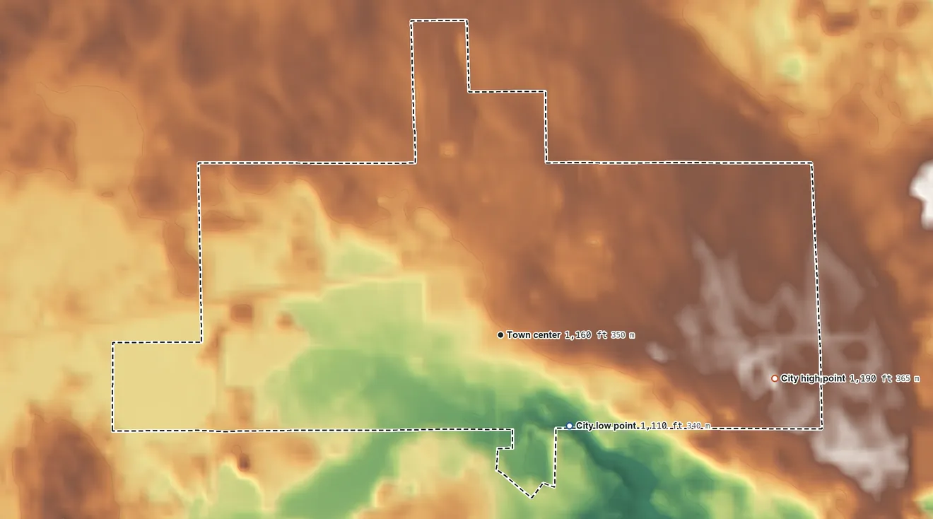 Topographic elevation map of Kimball, Minnesota, shaded from 1,110 ft on the southeast side to 1,190 ft on the east side
